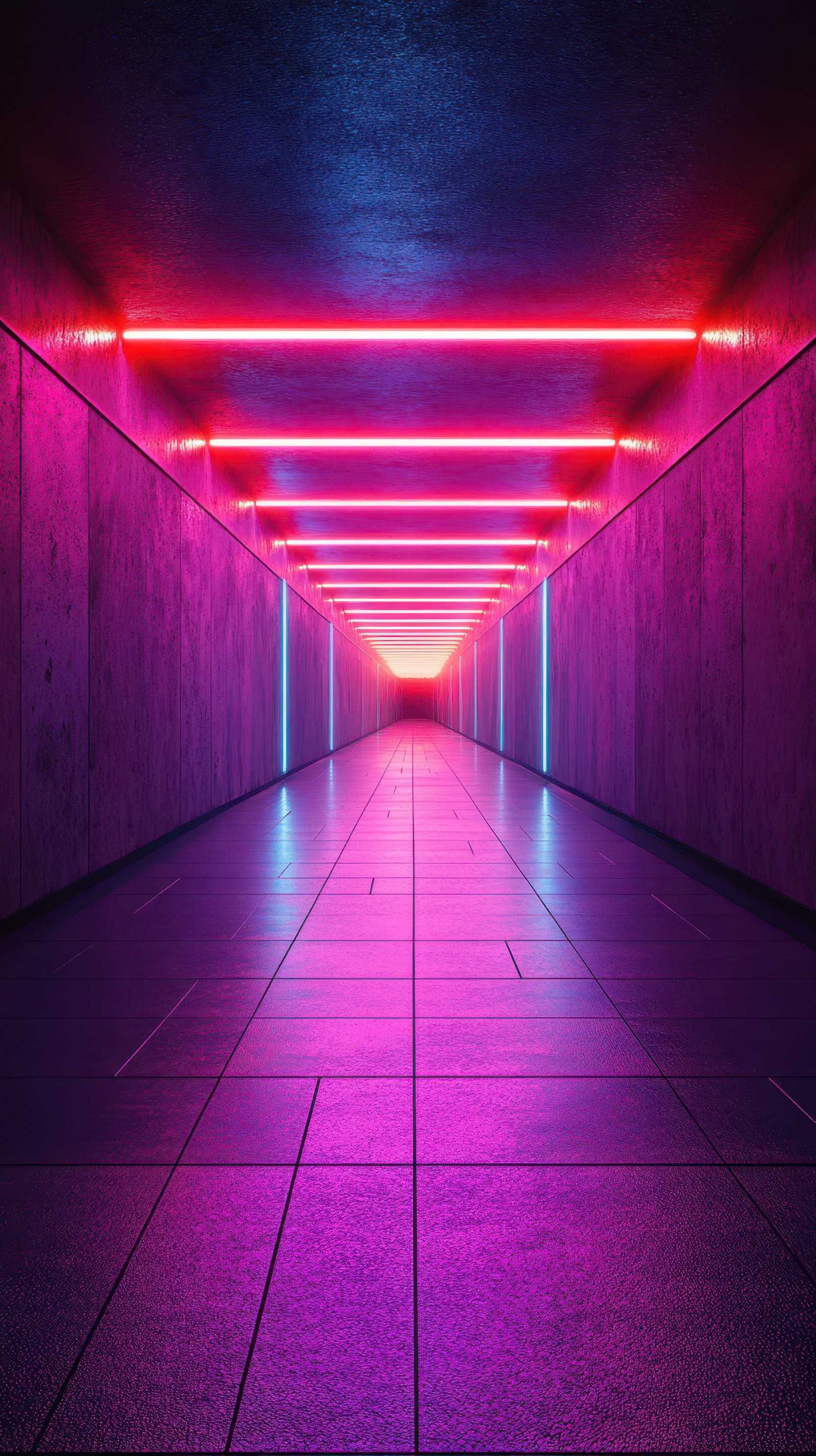 Vibrant neon-lit corridor creates a surreal atmosphere in an urban setting during nighttime